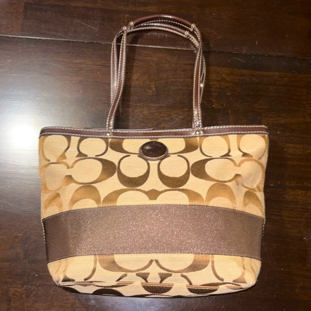 Coach BAG Signature Two Tone Medium Tote w Leather trim PURSE